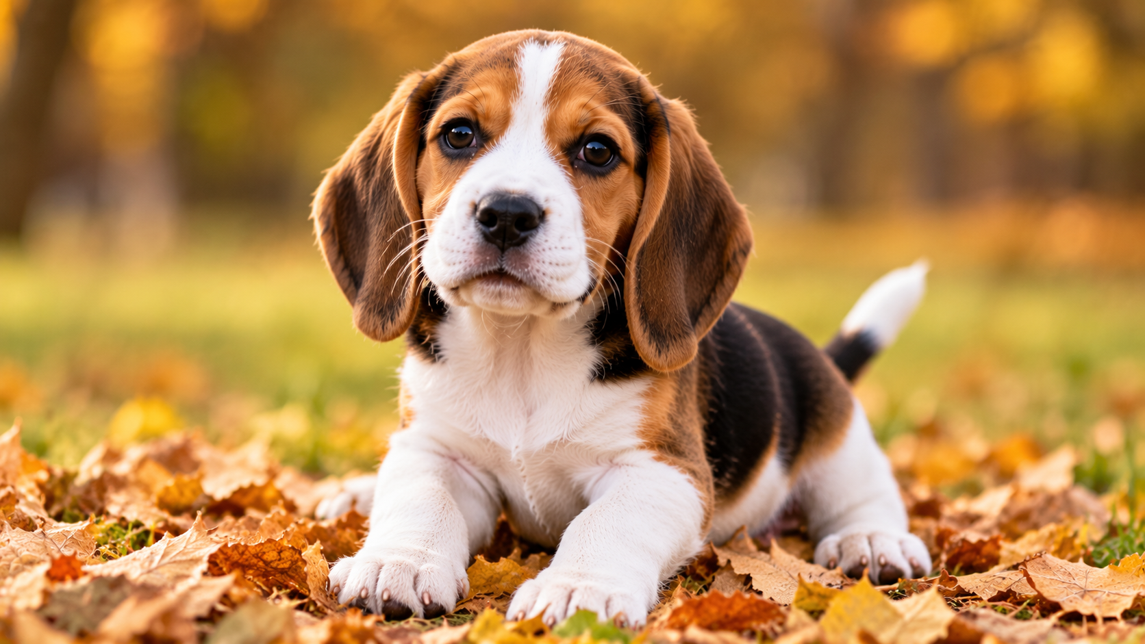 Happy Beagle puppy exploring a green garden