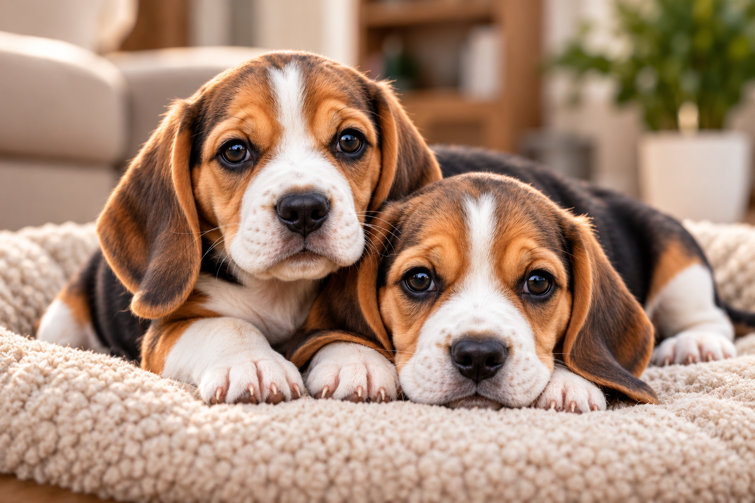 Two Beagle puppies relaxing together on a soft bed in a cozy home