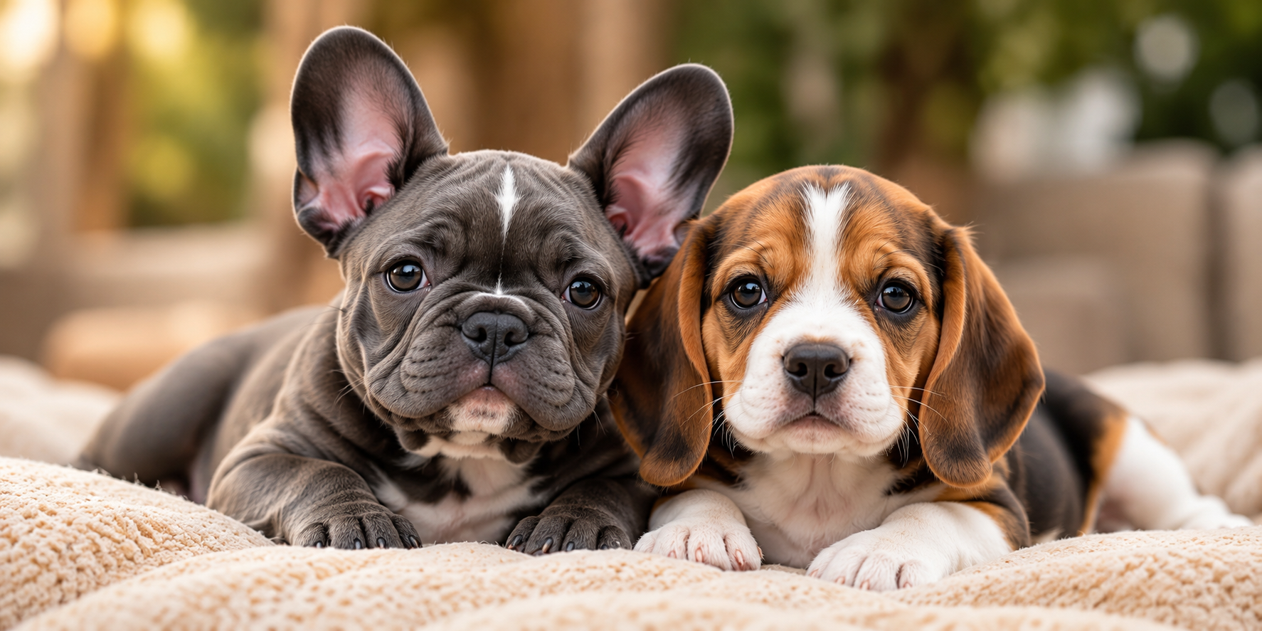 French Bulldog and Beagle puppies together